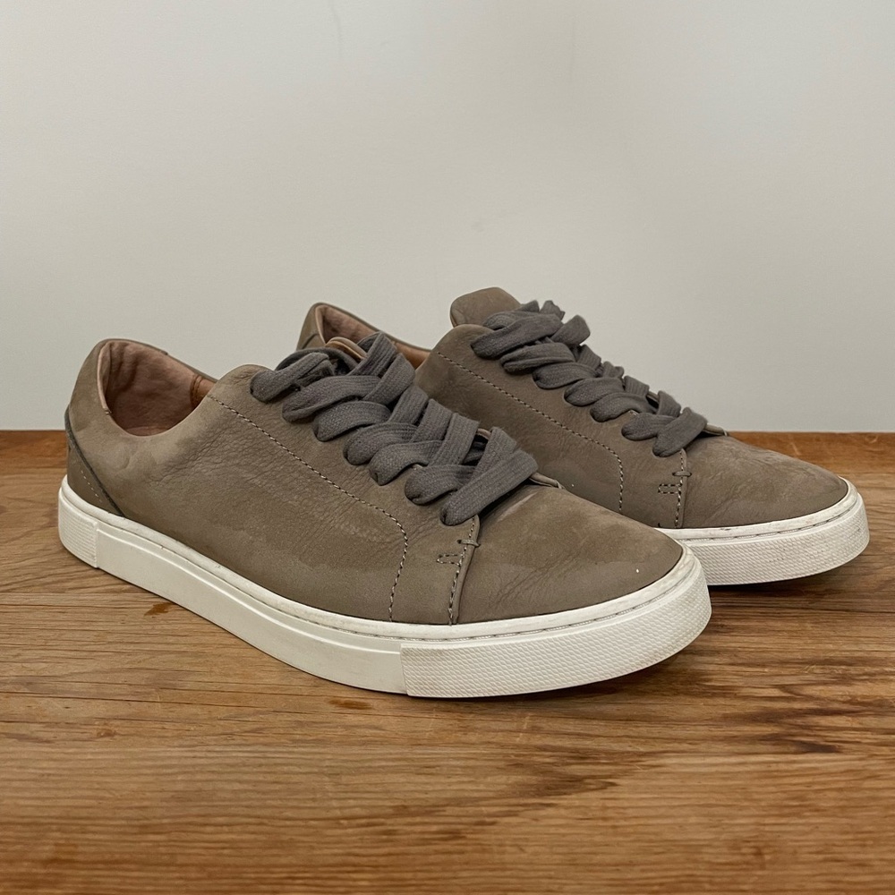 Frye Ivy Low Lace Sneakers Grey Taupe Leather Tennis Shoes Women’s Size 9.5